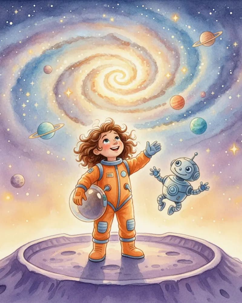 Watercolor illustration of a girl in an orange spacesuit standing on a moon crater beneath a swirling galaxy, a small robot floating beside her.