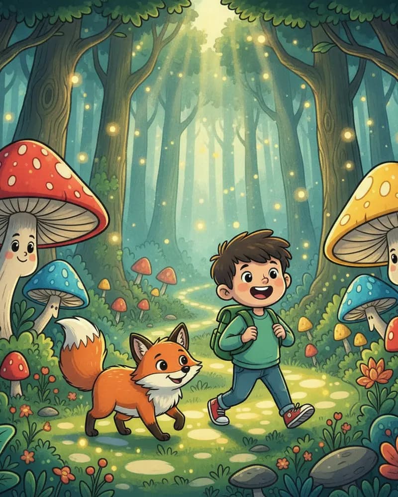 Cartoon illustration of a boy with a green backpack walking a glowing forest path beside a fox, surrounded by giant smiling mushrooms.