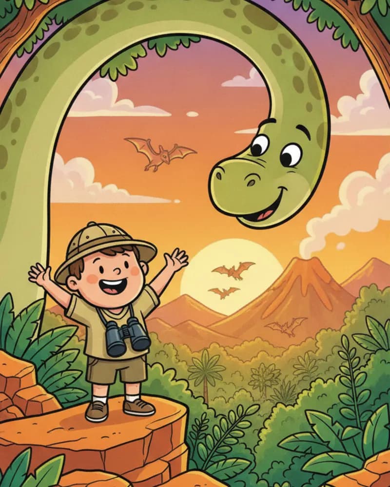 Cartoon illustration of a boy in an explorer hat waving up at a smiling long-necked dinosaur at sunset.