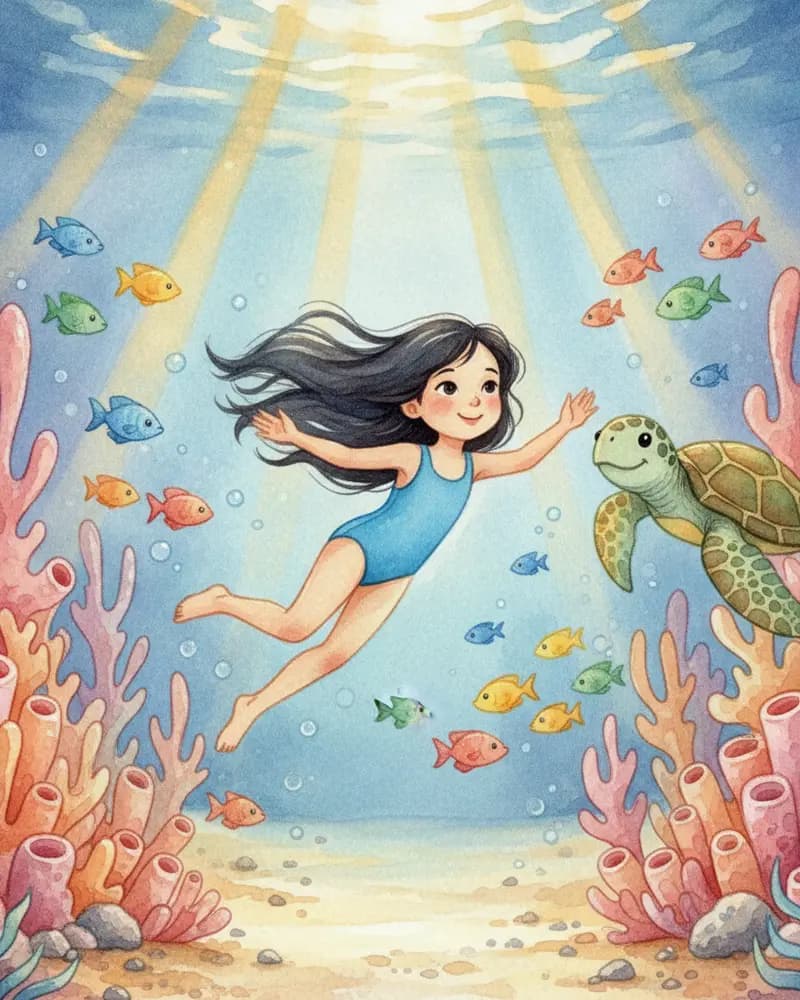 Watercolor illustration of a girl swimming through a sunlit coral reef with a gentle sea turtle.